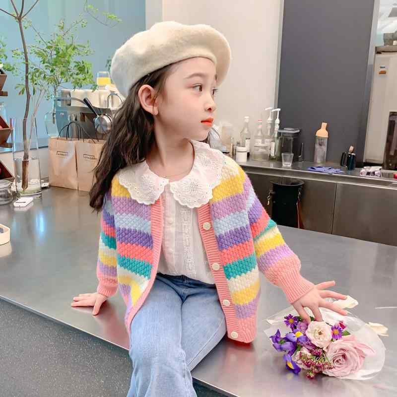 キッズ ニットカーディガン 女の子 ガールズ 韓国ファッション 春秋 おしゃれ かわいい レインボー 綿混 ソフト 長袖 シングルボタン 羽織り 普段使い