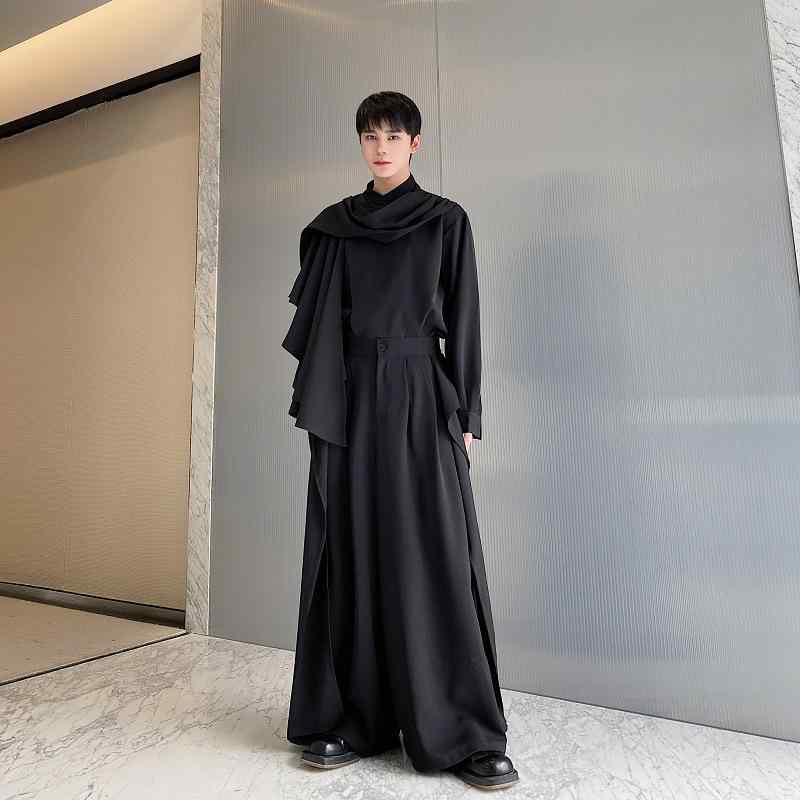 カジュアルパンツ メンズ 男性用 リボンデザイン ワイドストレート ロング丈 ゆったり 裏起毛 厚手 ミドルウエスト 普段使い ブラック