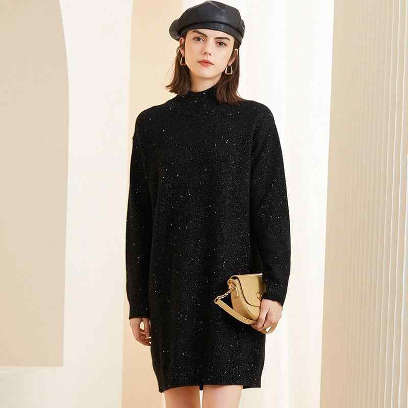 ニットワンピース レディース 女性用 秋冬 カシミヤ ゆったり 体型カバー ミディ丈 クルーネック 丸首 長袖 厚手 暖かい 防寒 リブ編み 無地 通勤 オフィス カジュアル ブラック プルオーバー｜あじゅり