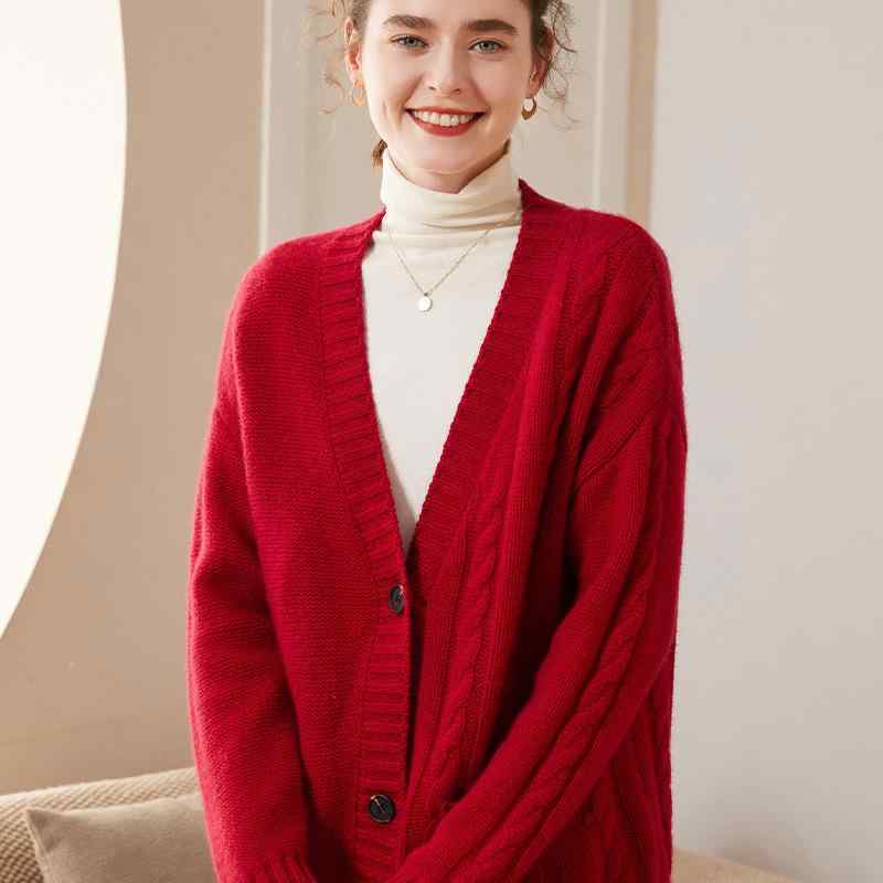 カーディガン レディース 女性用 秋冬 カシミヤ Vネック ケーブル編み 厚手 ヘビーウェイト ゆったり ルーズ オーバーサイズ ニット セーター アウター 長袖 通勤 オフィス カジュアル