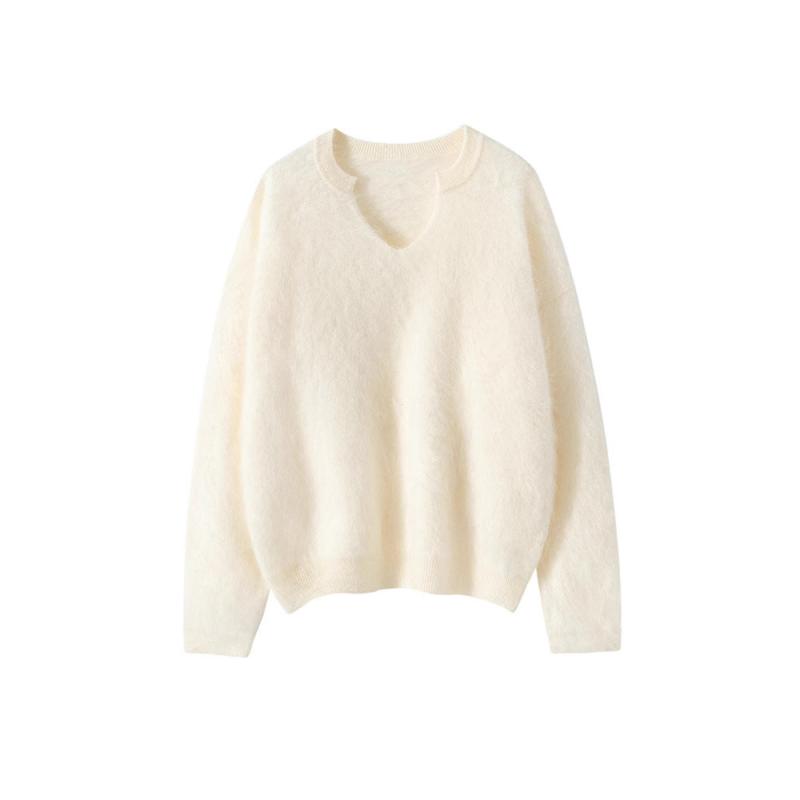 ニット レディース 女性用 カシミヤ100% Vネック 長袖 プルオーバー ゆったり ルーズ リラックス シャギー 起毛感 シンプル インナー レイヤード 秋冬｜あじゅり