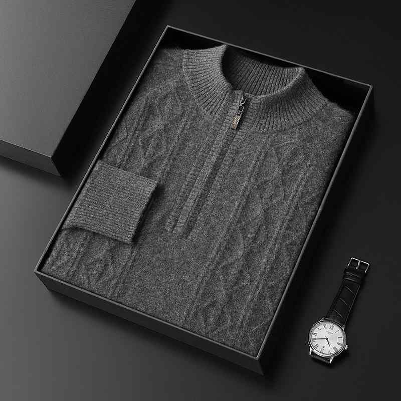 カシミヤセーター メンズ 秋冬 100%純カシミヤ 厚手 ジップアップ ハイネック ジャカード織りニット トップス ビジネス カジュアル デイリーユース 暖かい 防寒 保温 キャメル ネイビー ダークグレー｜あじゅり 20,166円