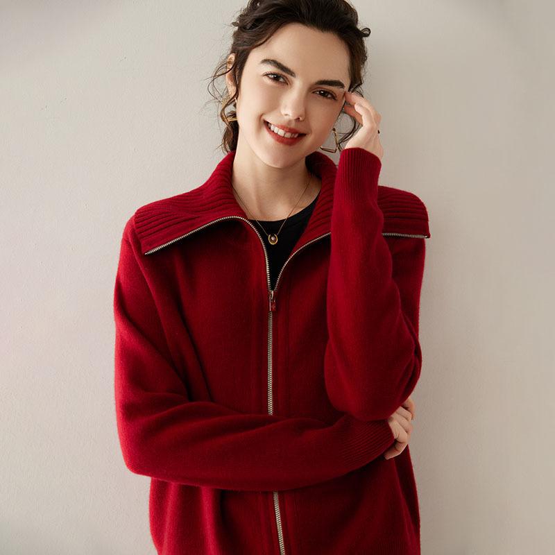 カーディガン レディース カシミヤニット 長袖 スタンドカラー ダブルジップ 無地 上品 オフィス 通勤 カジュアル 秋冬 アウター レッド系 グレー系 レギュラーフィット