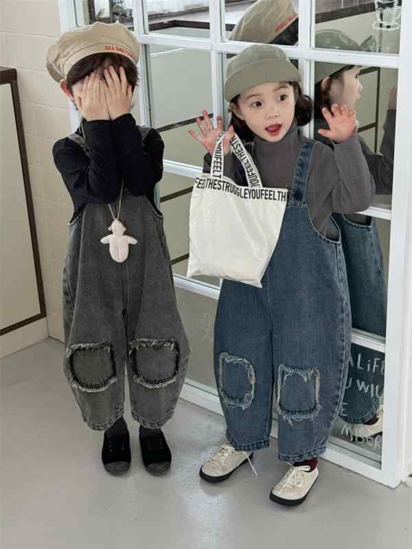 オーバーオール キッズ ベビー 子供服 デニムパンツ 秋冬 韓国ファッション ユーズド加工 フリンジ 9分丈 クロップド サロペット ブルー グレー カジュアル かわいい