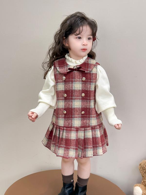 ジャンパースカート セットアップ キッズ 女の子 子供 秋冬 裏起毛 厚手 暖かい 防寒 チェック柄 ツーピース 長袖 コットンブレンド かわいい スイート フェミニン エレガント フォーマル お出かけ 発表会