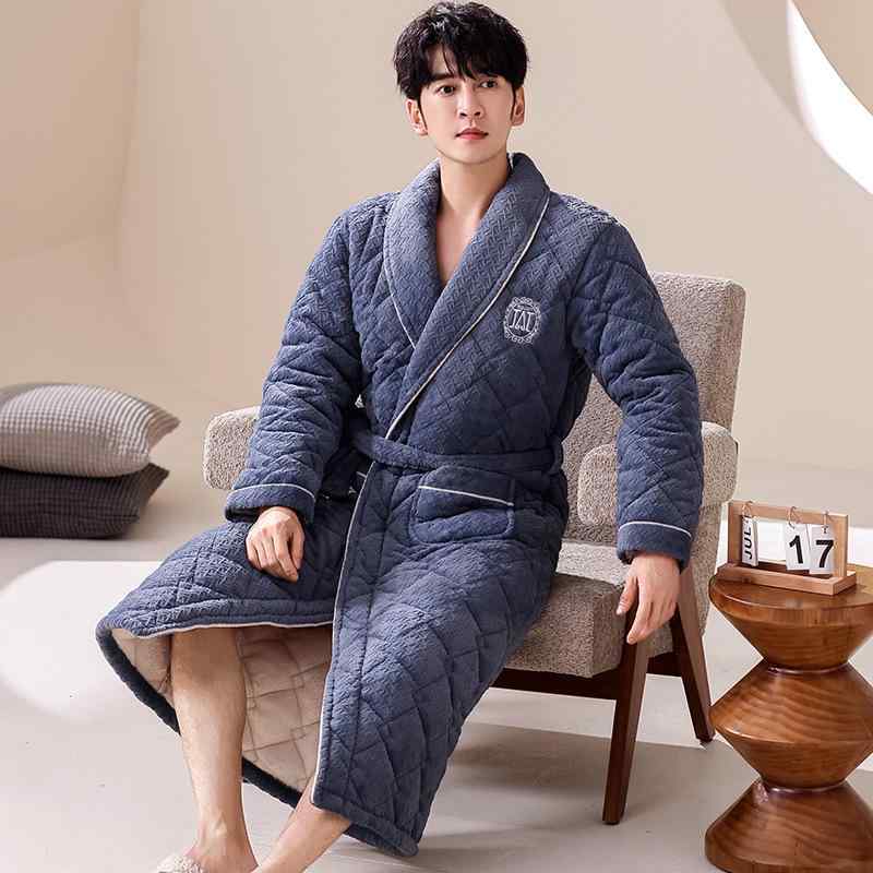 バスローブ メンズ 男性用 冬 サンゴフリース フランネル 中綿入り 三層 厚手 極厚 保温 あったか 裏起毛 パジャマ 部屋着 ルームウェア ガウン 襟付き もこもこ