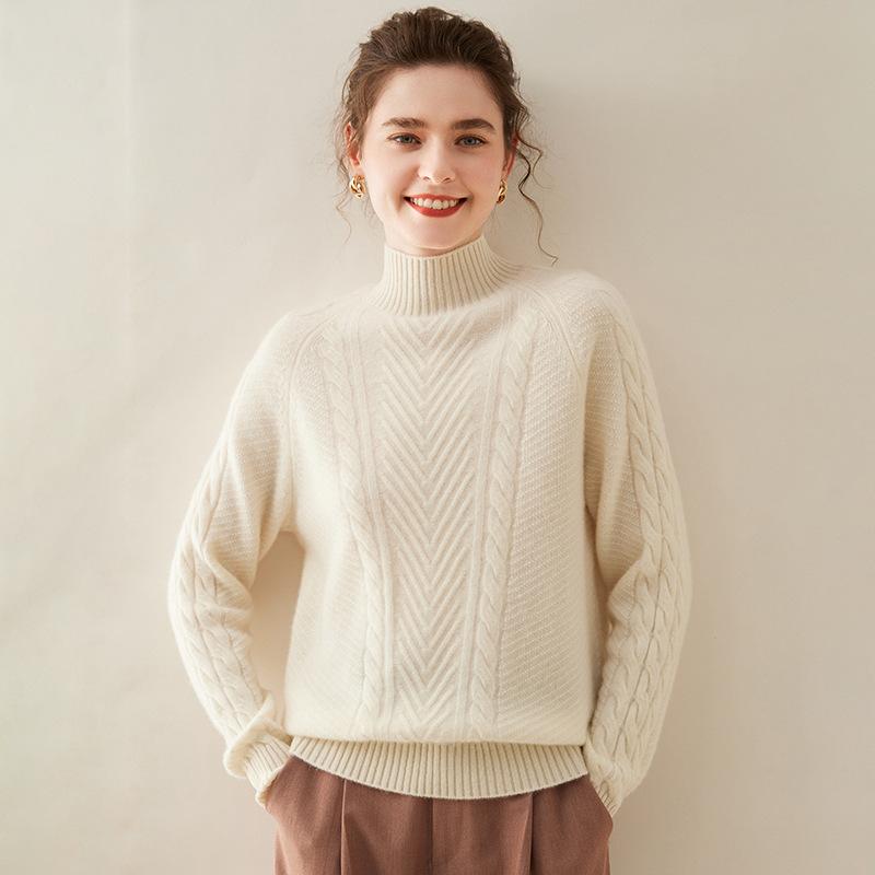 ニット レディース 女性用 秋冬 カシミヤ カシミア セミハイネック ラグランスリーブ 長袖 ケーブル編み 保温 あったか 厚手 ゆったり プルオーバー トップス 通勤 オフィス カジュアル エレガント きれいめ｜あじゅり