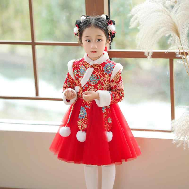チャイナドレス 女の子 ベビー 秋冬 中国風 漢服 プリンセス 新年 お正月 晴れ着 お呼ばれ 発表会 花柄 裏起毛 チュール ワンピース 赤 ピンク シャンパン ポリエステル 柔らかな肌触り