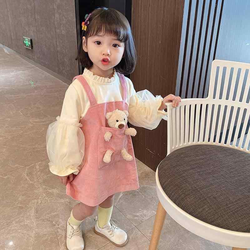 ワンピース 女の子 キッズ 春秋 韓国風 クマ キャラクター ジャンパースカート セットアップ 長袖 トップス サロペットスカート コットン ピンク かわいい おしゃれ カジュアル 上下セット お出かけ 通園