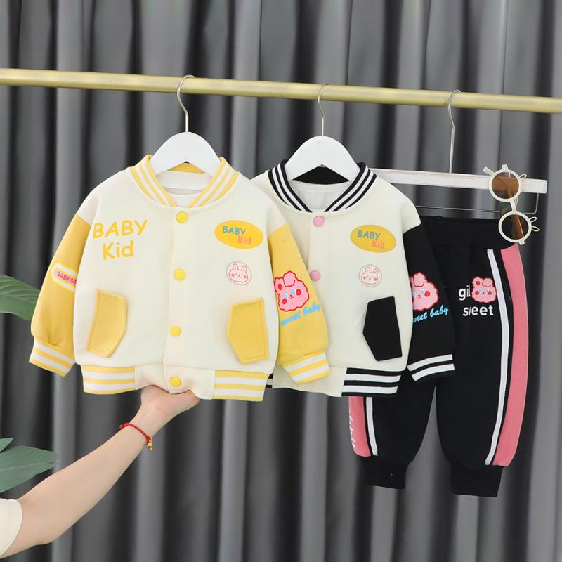 セットアップ 女の子 ベビー 女児 幼児 キッズ かわいい 韓国風 カジュアル 普段使い 上下セット パンツ 長袖 アウター ジャケット 綿素材 柔らかな肌触り 安心素材 うさぎ柄 プリント 春秋 2点セット ピンク系 イエロー系 ブラック系