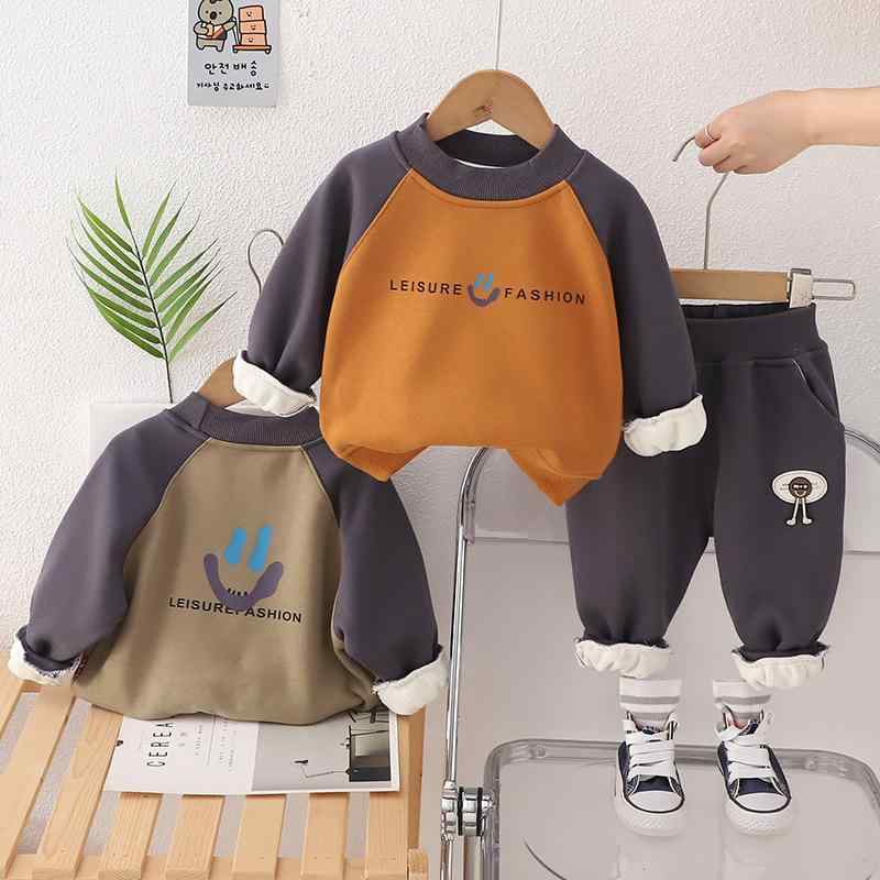 キッズ 男の子 裏起毛 セットアップ 冬 上下セット 厚手 綿 おしゃれ かわいい 切り替え袖 ラウンドネック 丸首 スウェット トレーナー 通園 通学 普段使い 2点セット