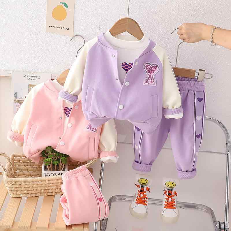 セットアップ 女の子 女児 ベビー 幼児 秋冬 ハート柄 スタジャン 野球服 長袖トップス ロングパンツ 3点セット 綿 コットン かわいい おしゃれ 韓国風 カジュアル 普段使い ピンク パープル