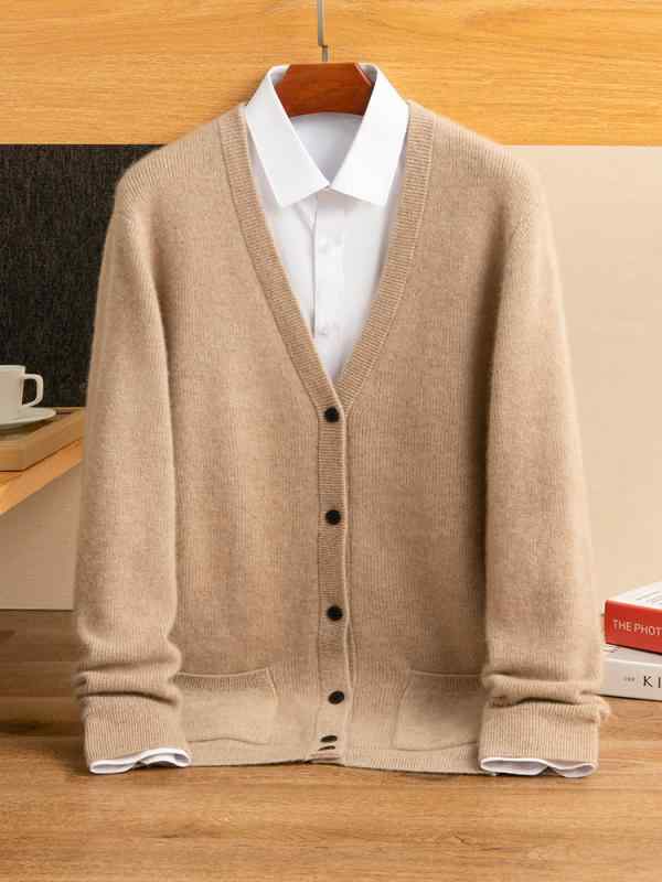 カーディガン メンズ 男性用 秋冬 100%カシミヤ ニット 厚手 Vネック ゆったり 長袖 大きいサイズ 高級感 カジュアル 普段使い アウター 羽織り|あじゅり
