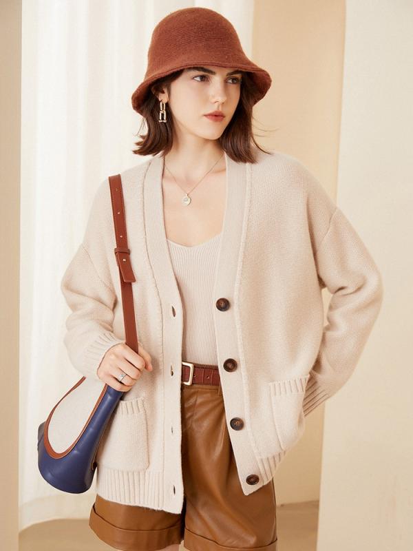 ニット カーディガン レディース 純カシミヤ100% 上質 秋冬 厚手 Vネック ドロップショルダー ゆったり ポケット付き シングルボタン 通勤 オフィス 普段使い 23,519円