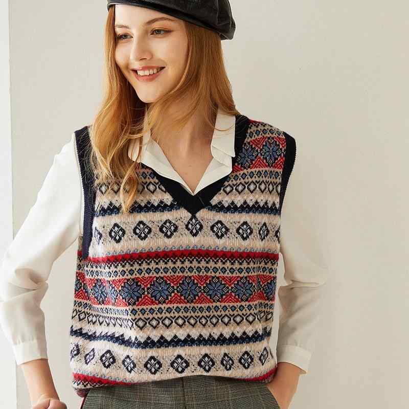 ベスト レディース 100% カシミヤ ニット 秋冬 ゆったり Vネック ジャカード エスニック柄 ジレ 高級感 暖かい 通勤 オフィス 普段使い