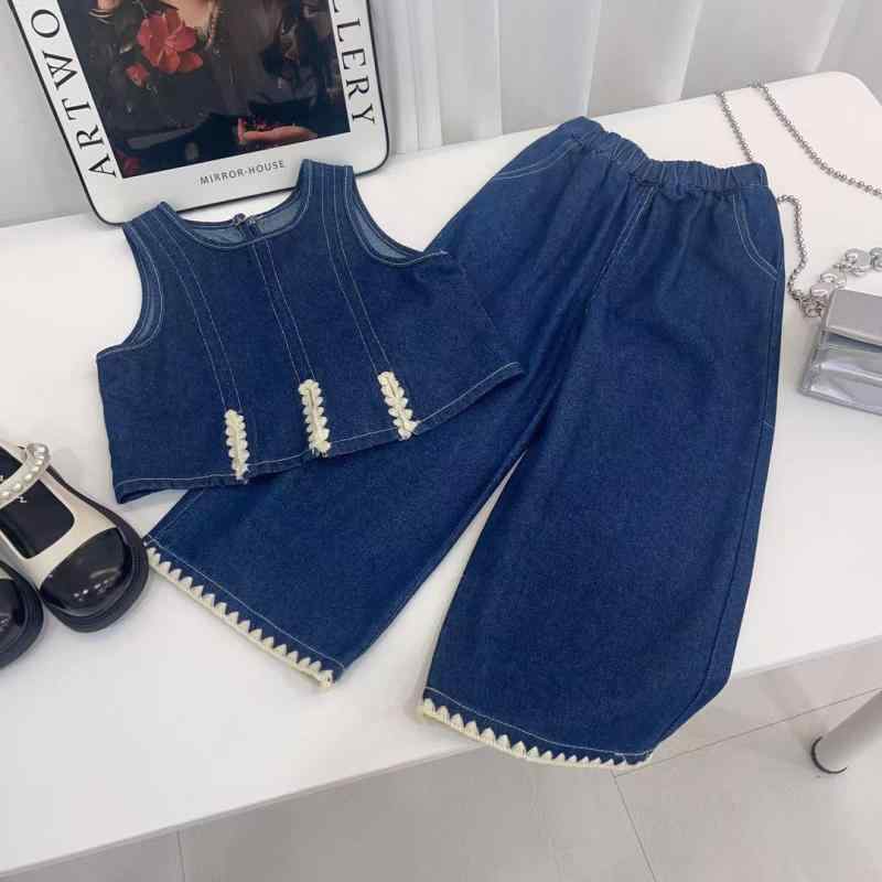 セットアップ 女の子 キッズ デニム Tシャツ トップス ベスト ジレ ワイドパンツ ガウチョパンツ 3点セット 韓国風 カジュアル 綿 コットン 春夏秋
