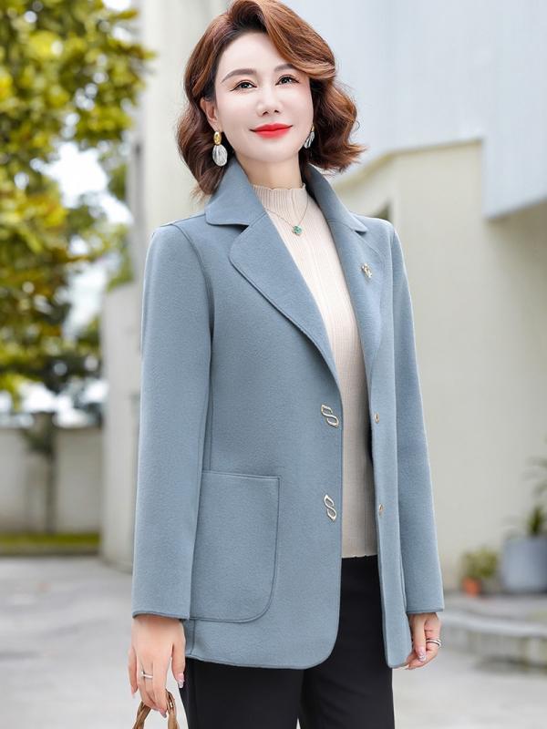 コート レディース ミセス ママ 中高年 シニア 春秋 ダブルフェイス ウール調 ミドル丈 テーラードカラー ポリエステル 中厚手 レトロ クラシカル カーキ