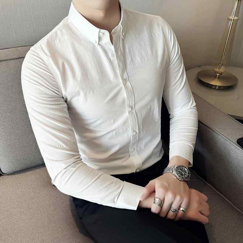 シャツ メンズ 男性用 春夏 綿麻混紡 長袖 スリムフィット カジュアル 伸縮性 ノーアイロン レギュラーカラー 無地 トップス ワイシャツ ホワイト