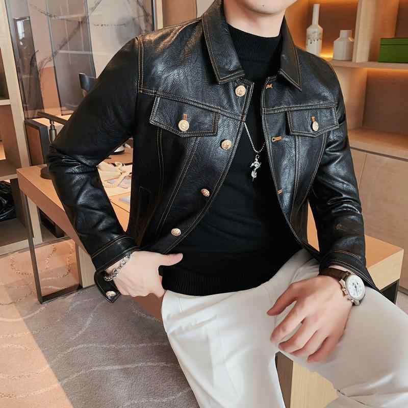 レザージャケット メンズ 男性用 秋冬 ライダースジャケット バイカー PUレザー スリムフィット 襟付き ジップアップ マルチポケット 革ジャン アウター 上着｜あじゅり