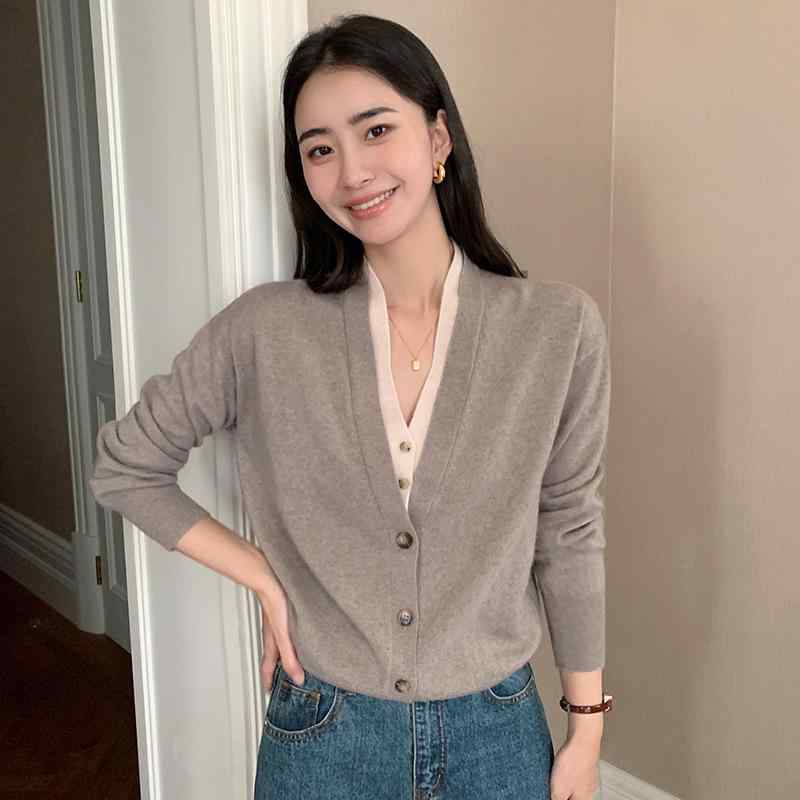 ニット カーディガン レディース 女性用 秋冬 カシミヤ ウールブレンド フェイクレイヤード 重ね着風 配色 バイカラー Vネック 長袖 通勤 オフィス 普段使い カジュアル トップス|あじゅり