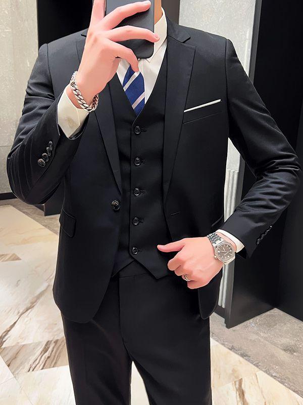 スリーピーススーツ メンズ 男性用 ビジネス フォーマル カジュアル 結婚式 新郎 披露宴 冠婚葬祭 礼服 スリムフィット 細身 セットアップ 混紡素材 通年｜あじゅり