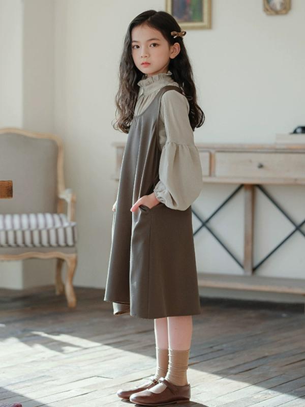 セットアップ キッズ 女の子 長袖 バルーンスリーブトップス ジャンパースカート 2点セット 春秋 韓国ファッション おしゃれ かわいい 親子お揃い ジュニア 高学年 通学 普段使い 柔らか素材 ポリエステル混紡 女児