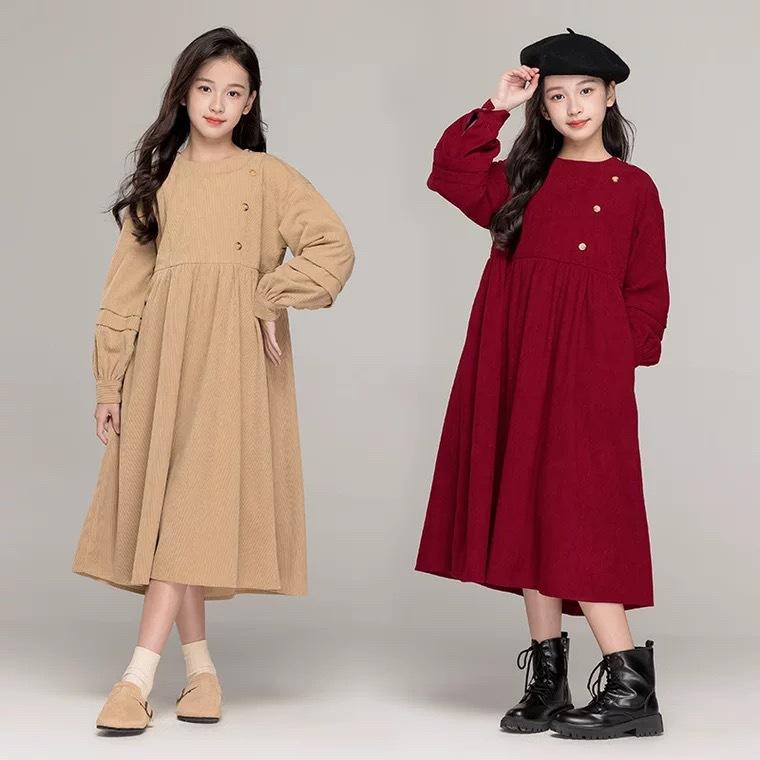 ワンピース 女の子 キッズ ジュニア ゆったり コーデュロイ 裏起毛 長袖 ロング丈 無地切り替え 秋冬 レッド ポリエステル 厚手 お正月 普段使い 通学 学院風 子供服