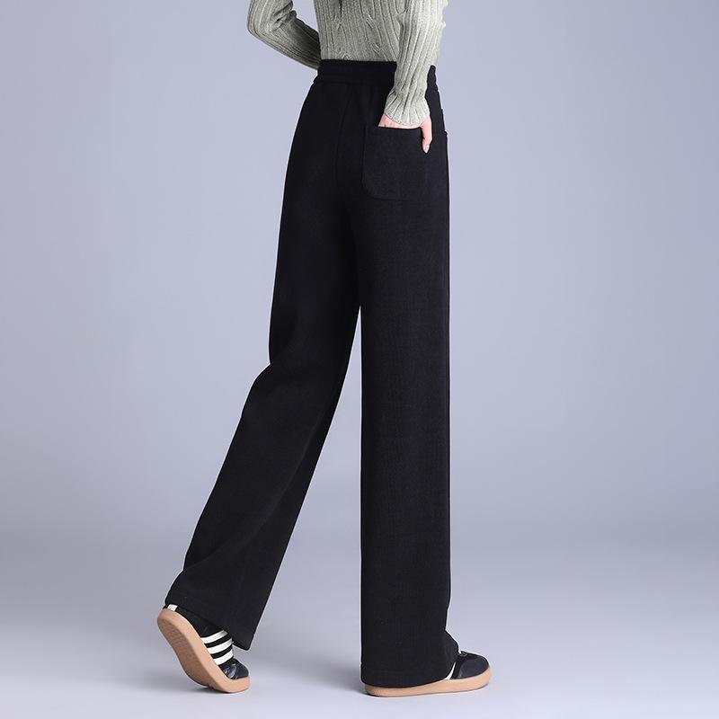 パンツ レディース ワイドストレートパンツ ロング丈 ドレープ感 ウエストゴム ハイウエスト スタイルアップ 着痩せ 厚手 秋冬 通勤 オフィス 普段使い ポリエステル スパンデックス ブラウン ブラック
