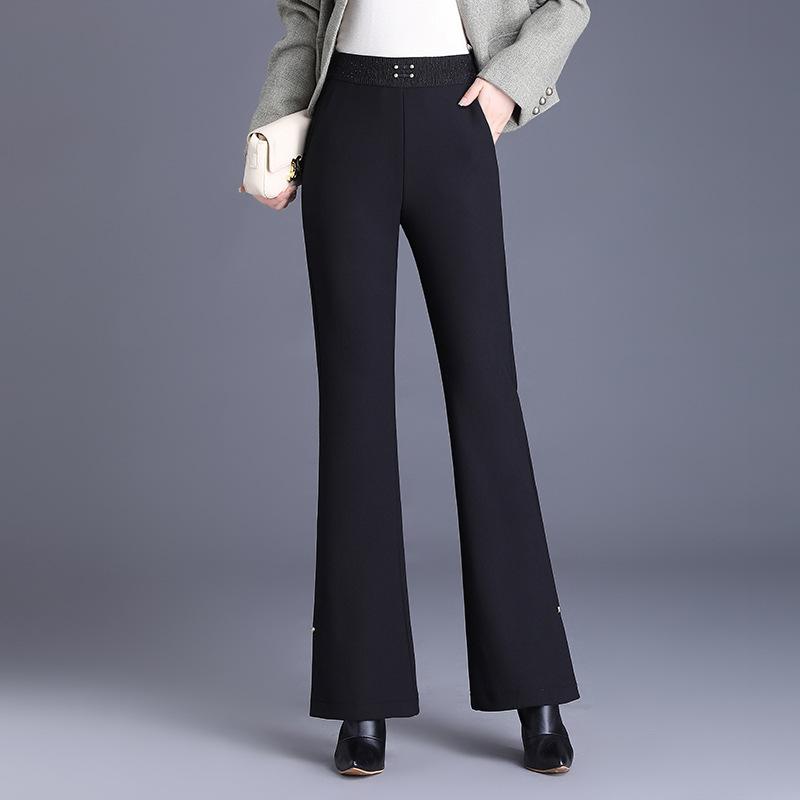 パンツ レディース 女性用 スリットフレア ロングパンツ 秋冬 裏起毛 厚手 保温 ゆったり ハイウエスト ポリエステル スパンデックス 通勤 オフィス カジュアル ブラック