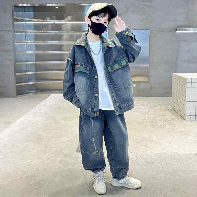 セットアップ 男の子 ジュニア デニムジャケット Gジャン ロングパンツ 2点セット 春秋 上下セット おしゃれ かっこいい カジュアル 綿 コットン ソフト 普段使い 通学 ブルー 4,900円