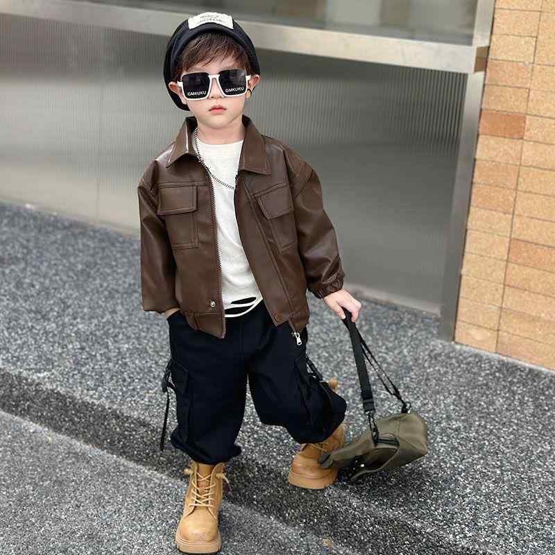 ジャケット 男の子 キッズ 子供 フェイクレザー 合成皮革 PUレザー かっこいい クール おしゃれ ストリート カジュアル 普段使い 春秋 アウター ブルゾン ブラック ブラウン カーキ