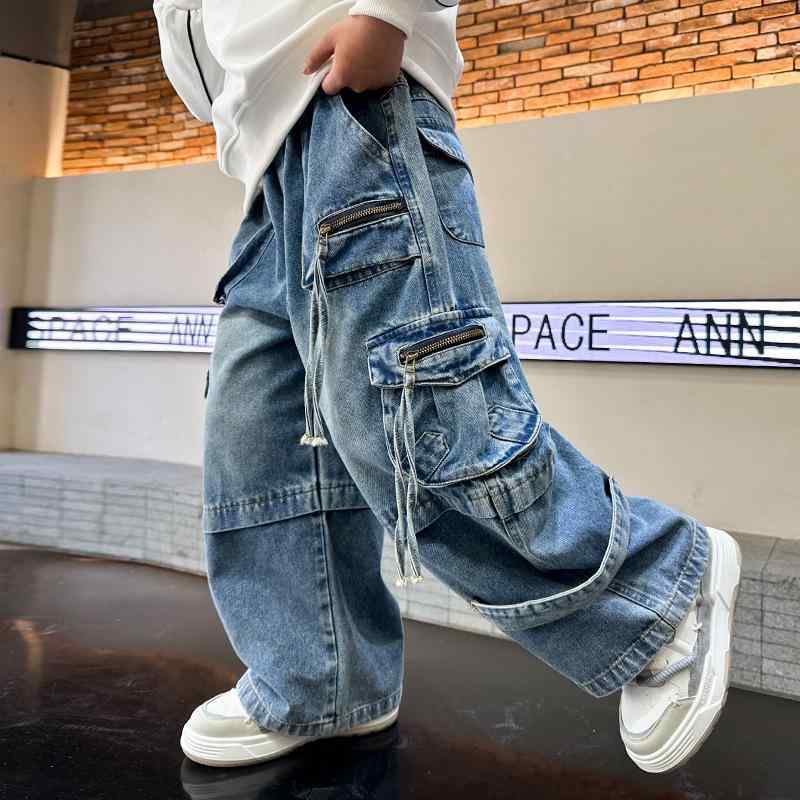 デニムパンツ ジュニア 男児 ストリートダンス カーゴパンツ ワークパンツ ロング丈 ストリート系 かっこいい おしゃれ クール 薄手 柔らかい レトロ ブルー 春 秋 カジュアル 普段使い
