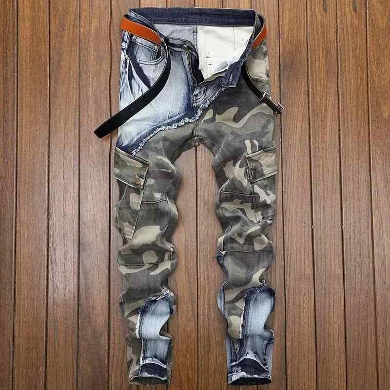 デニムパンツ ジーンズ ジーパン メンズ 男性用 ヨーロッパ風 ダメージ加工 クラッシュ パッチワーク 切り替え 迷彩柄 スリムフィット 細身 テーパード カジュアル ミドルウエスト 微ストレッチ 綿
