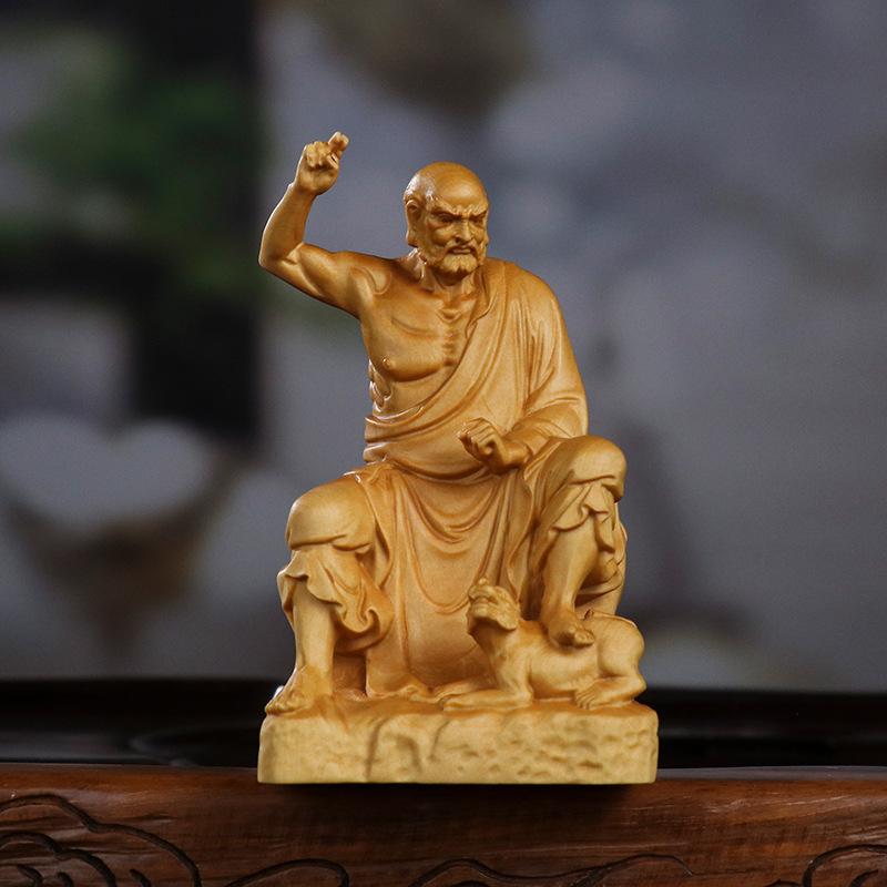 置物 木彫り 小葉黄楊木 ツゲ材 伏虎羅漢 仏像 神像 守り神 新中華風 モダン アジアンテイスト リビング 書斎 玄関 インテリア オブジェ 飾り ギフト 贈り物 コレクション 縁起物 開運 風水 高級感 手彫り 細密彫刻 存在感