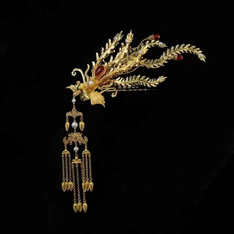 簪 花嫁 婚礼 漢服 チャイナドレス 新中華風 古風 鳳凰モチーフ 羽 タッセル 銅 金メッキ ゴールド 金色 サイド 片側 かんざし 髪飾り ヘアアクセサリー 披露宴 前撮り イベント 優雅 豪華 エレガント
