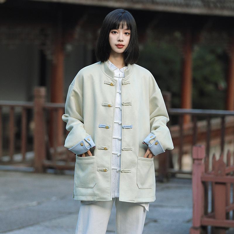 ジャケット メンズ スエード調 ポリエステル 春秋 新チャイナスタイル 唐装風 漢服風 レトロ スタンドカラー 立ち襟 メタルボタン 中国風 アウター 男性用 普段使い カジュアル アイボリー ブラック カーキ