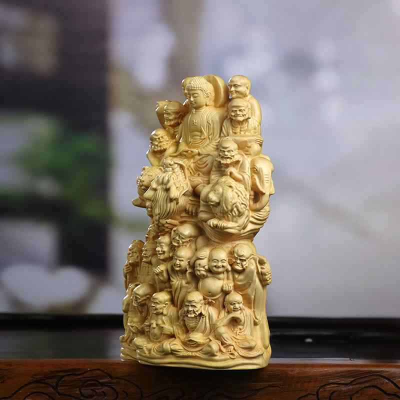 置物 黄楊木製 十八羅漢 仏像 中国風 降龍伏虎 木彫り オブジェ インテリア飾り 縁起物 開運 リビング 玄関 書斎 和室 工芸品 贈答品