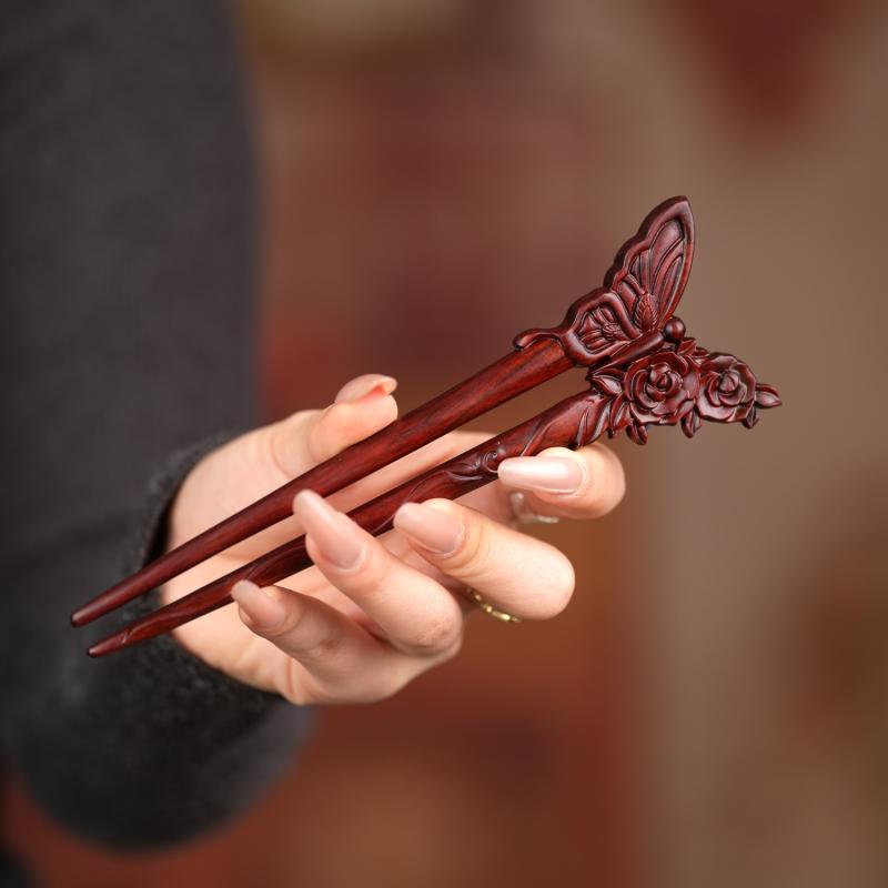 かんざし レディース 女性用 新中華風 檀木製 サンダルウッド 蝶 バタフライ 薔薇 ローズ U字 古風 オリエンタル まとめ髪 浴衣 着物 ヘアアクセサリー