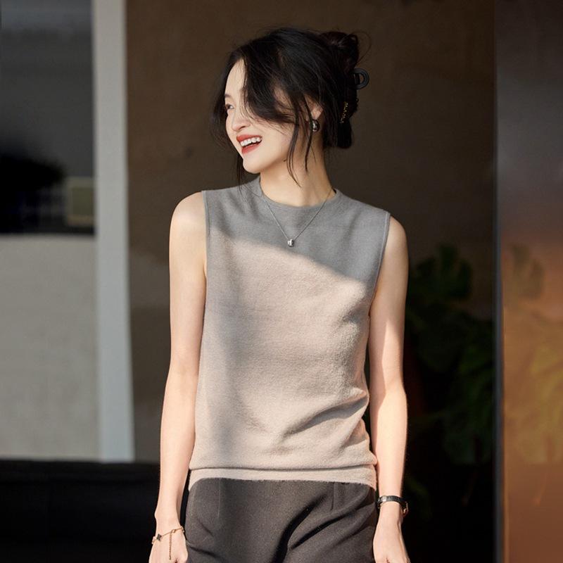 トップス レディース 春夏 上質精紡カシミヤ プルオーバー ノースリーブ 半高ネック タンクトップ Tシャツ 薄手 無地 通勤 オフィス 普段使い グレー