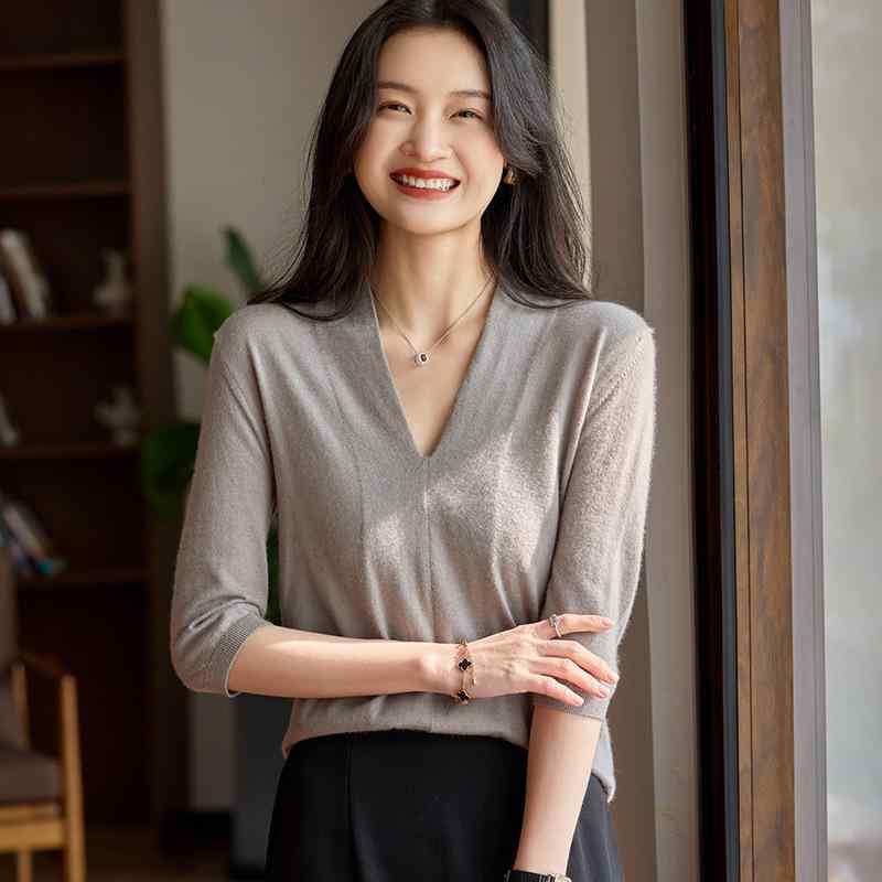 Tシャツ レディース 精紡カシミヤ Vネック 五分袖 細見え 上品 プルオーバー 無地 ゆったり リラックスフィット シンプル カジュアル フォググレー ネイビー 春夏