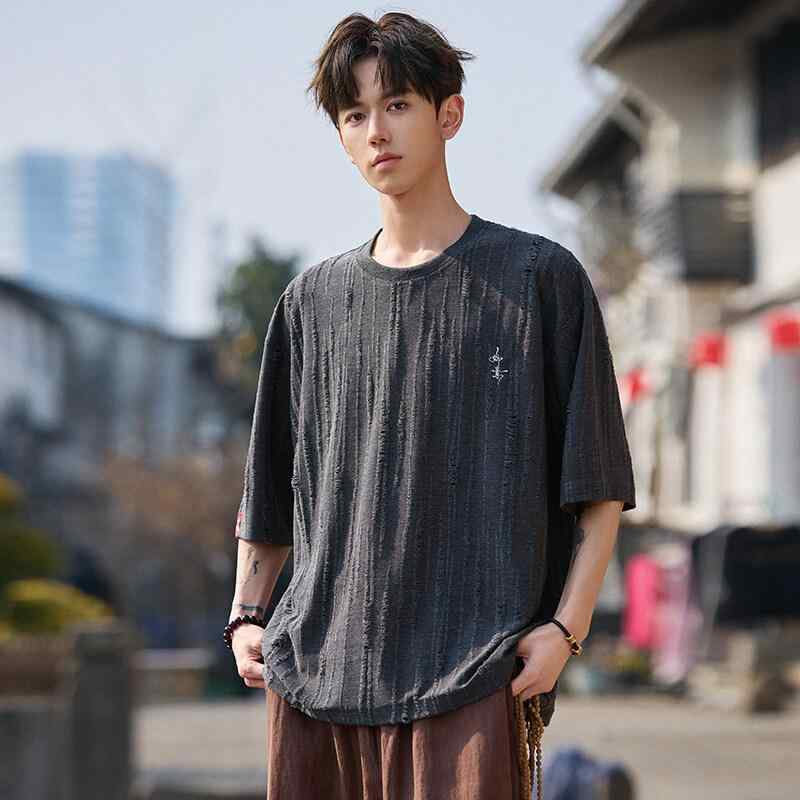 Tシャツ メンズ チャイナ風 刺繍 ダメージ加工 通気性 薄手 ゆったり 5分袖 ビッグシルエット ラウンドネック ポリエステル カジュアル 普段使い 春夏 ダークグレー ブラック