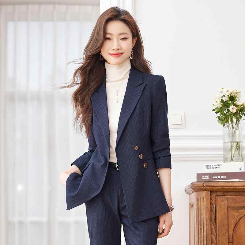 セットアップ レディース ストライプ ジャケット パンツ スカート 長袖 ポリエステル オフィス ビジネス 通勤 接客 制服 高級感 春秋 ブラック グレー ブルー