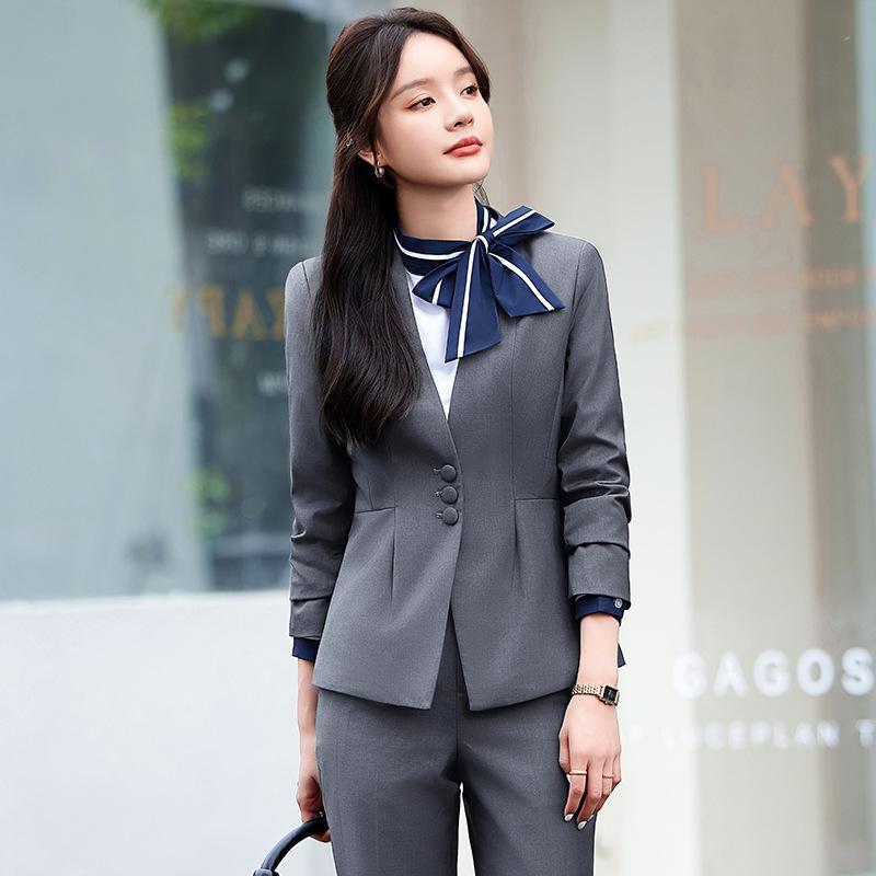 スーツ レディース 女性用 ビジネス オフィス 通勤 フォーマル 接客 制服 ジャケット セットアップ 上品 エレガント 高級感 長袖 ポリエステル レーヨン ブラック グレー ネイビー 春夏