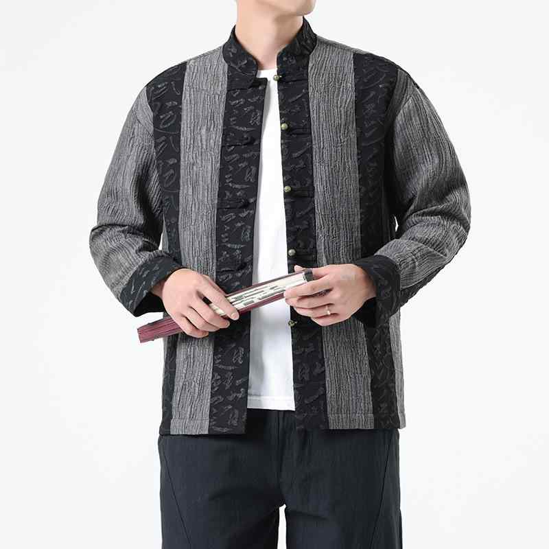 ジャケット メンズ 男性用 ビッグサイズ ゆったり 秋冬 中国風 新中国スタイル 唐装 漢服 レトロ 切り替え バイカラー 配色 カジュアル 普段使い ポリエステル ブラック アウター