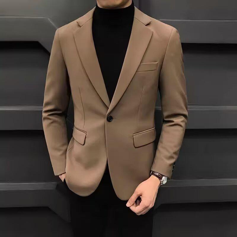 セットアップ メンズ ブラウン カジュアルジャケット スリム スタイリッシュ 韓国風 トレンド 結婚式 二次会 パーティー ビジネス 普段使い ポリエステル混 形態安定