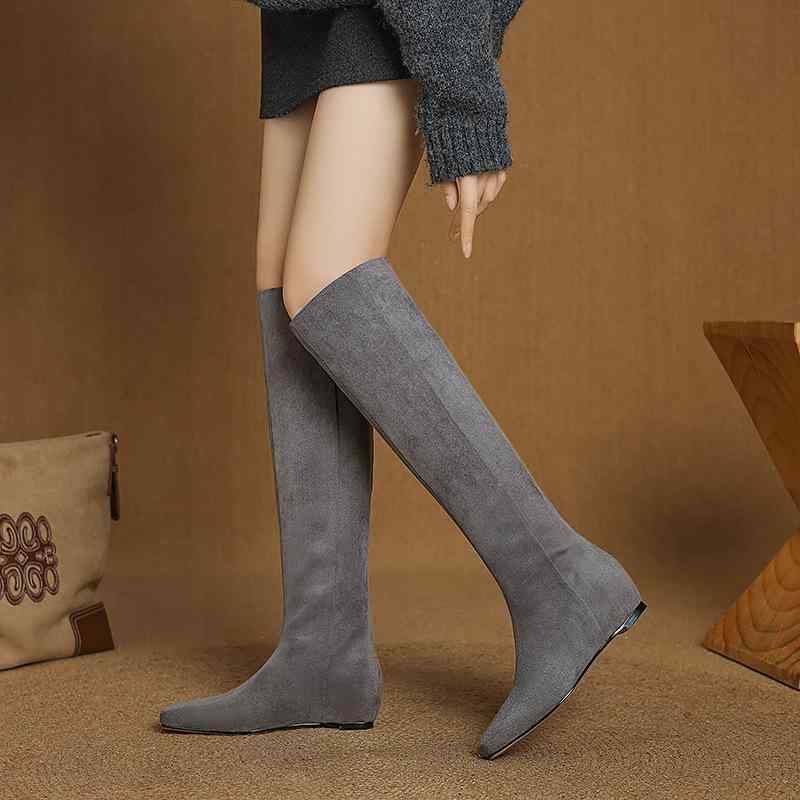 ライディングブーツ レディース 女性用 4cmインヒール ウェッジソール ポインテッドトゥ ストレッチ スリッポン 本革 レザー 通勤 オフィス カジュアル グレー ブラック ブラウン｜あじゅり