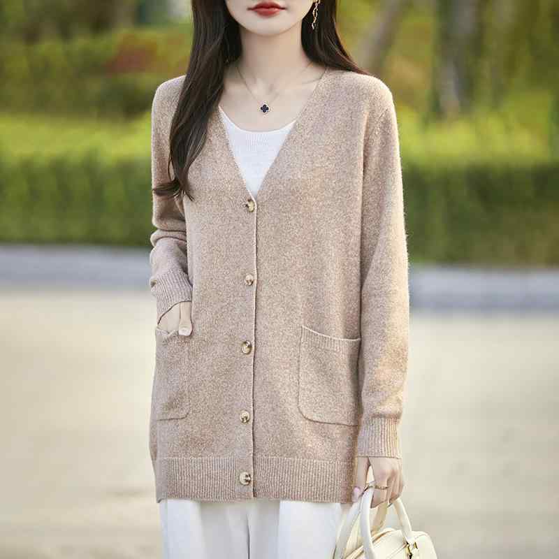 ニット レディース 女性用 Vネック ざっくり編み ゆったり 厚手 カーディガン 羽織り アウター 秋冬 ミドル丈 再生繊維 ビスコース ポケット付き 通勤 カジュアル 上品 カーキ グレー