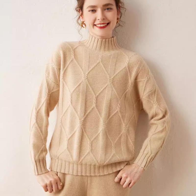 ニット レディース 女性用 プルオーバー ハイネック 厚手 肉厚 ケーブル編み 菱形模様 カシミヤ混 秋冬 暖か 上品 きれいめ 通勤 オフィス