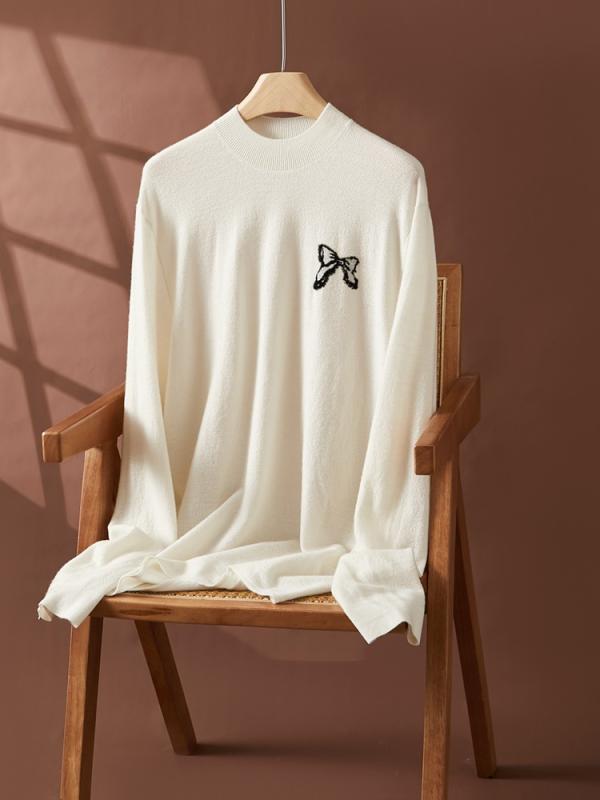 セーター レディース 秋冬 シンプル クルーネック バタフライ ジャガード 上質 カシミヤ混 プルオーバー ゆったり オーバーサイズ 長袖 厚手 通勤 きれいめ ピンク グレー オフホワイト