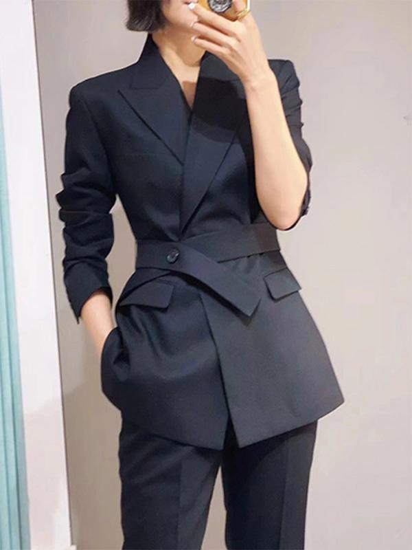 テーラードジャケット 大きいサイズ レディース 女性用 ビジネス オフィス 通勤 面接 フォーマル ウエストマーク 細見え 長袖 ミドル丈 ダブルボタン ブラック 伸縮性 ツイル生地 上品 エレガント 大人 秋冬|あじゅり